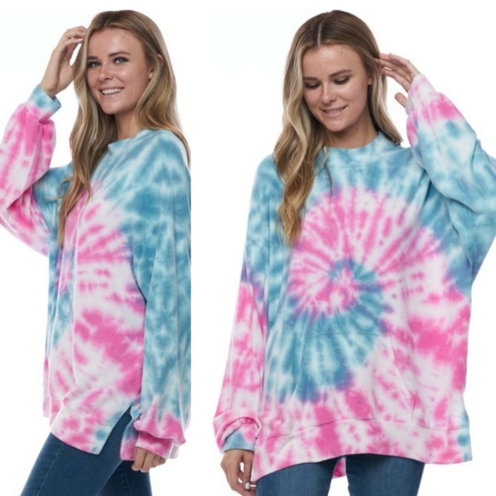 Tie-Dye Pullover Sweatshirt in Pink and Blue - Picture 1 of 6